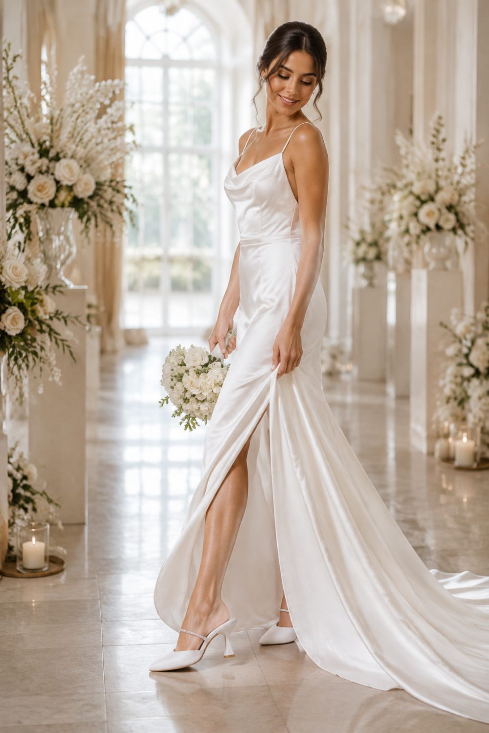 A woman modeling a white satin wedding gown with thin straps, a draped neckline, a thigh-high slit, and a long train in a bright, elegant hall with floral arrangements and candles.