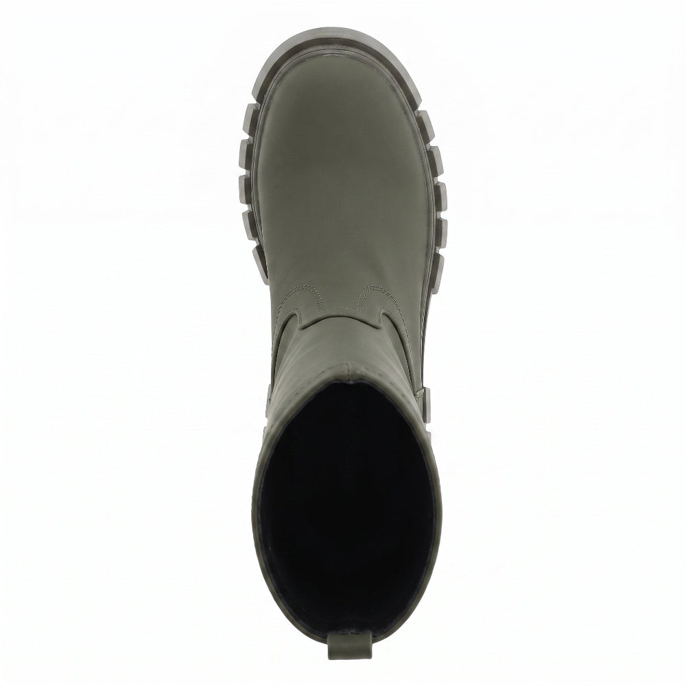 A top-down view of a dark gray Chelsea boot with a chunky lug sole, shown against a plain white background.