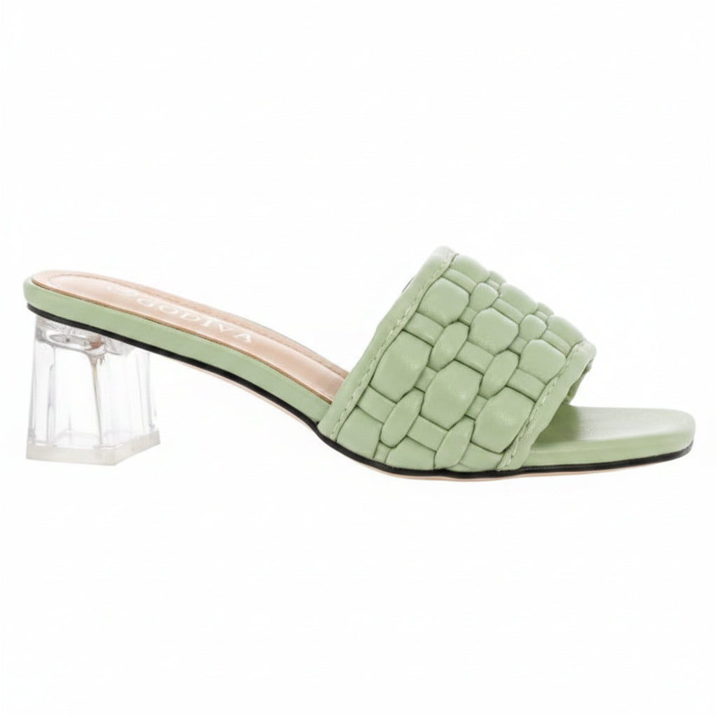 Lady Godiva Women's Blush Pink Woven Slide Sandal — Clear Lucite Block Heel