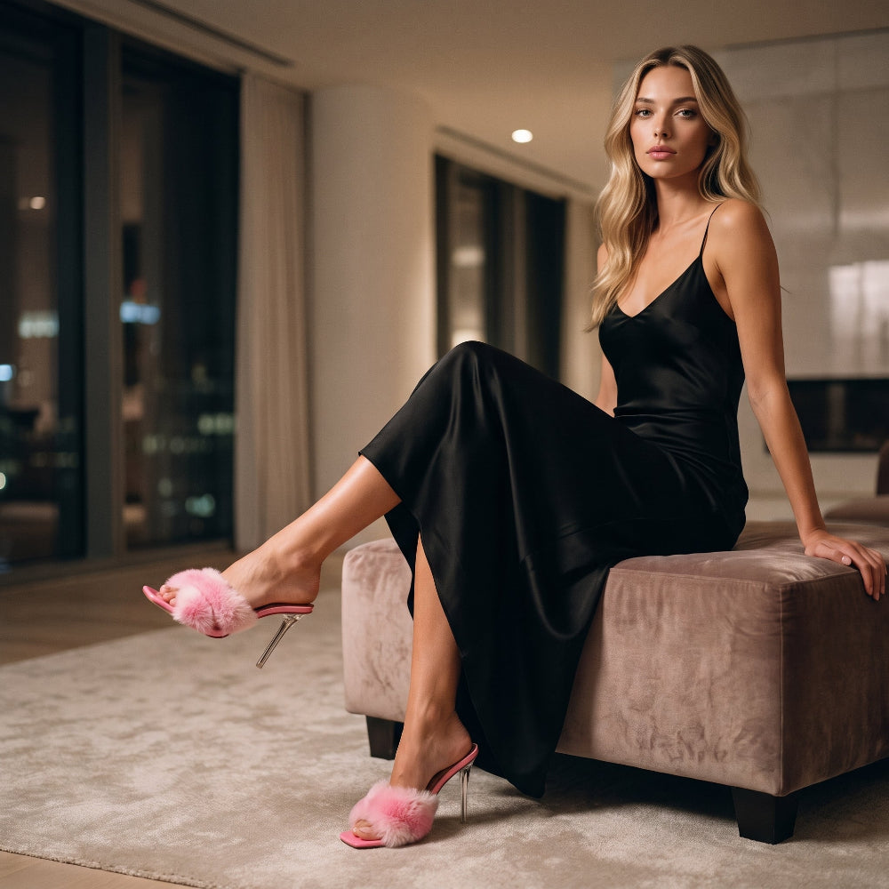 A woman sits on a beige upholstered ottoman in a modern indoor setting, wearing a black satin slip dress and pink fuzzy high-heeled sandals.