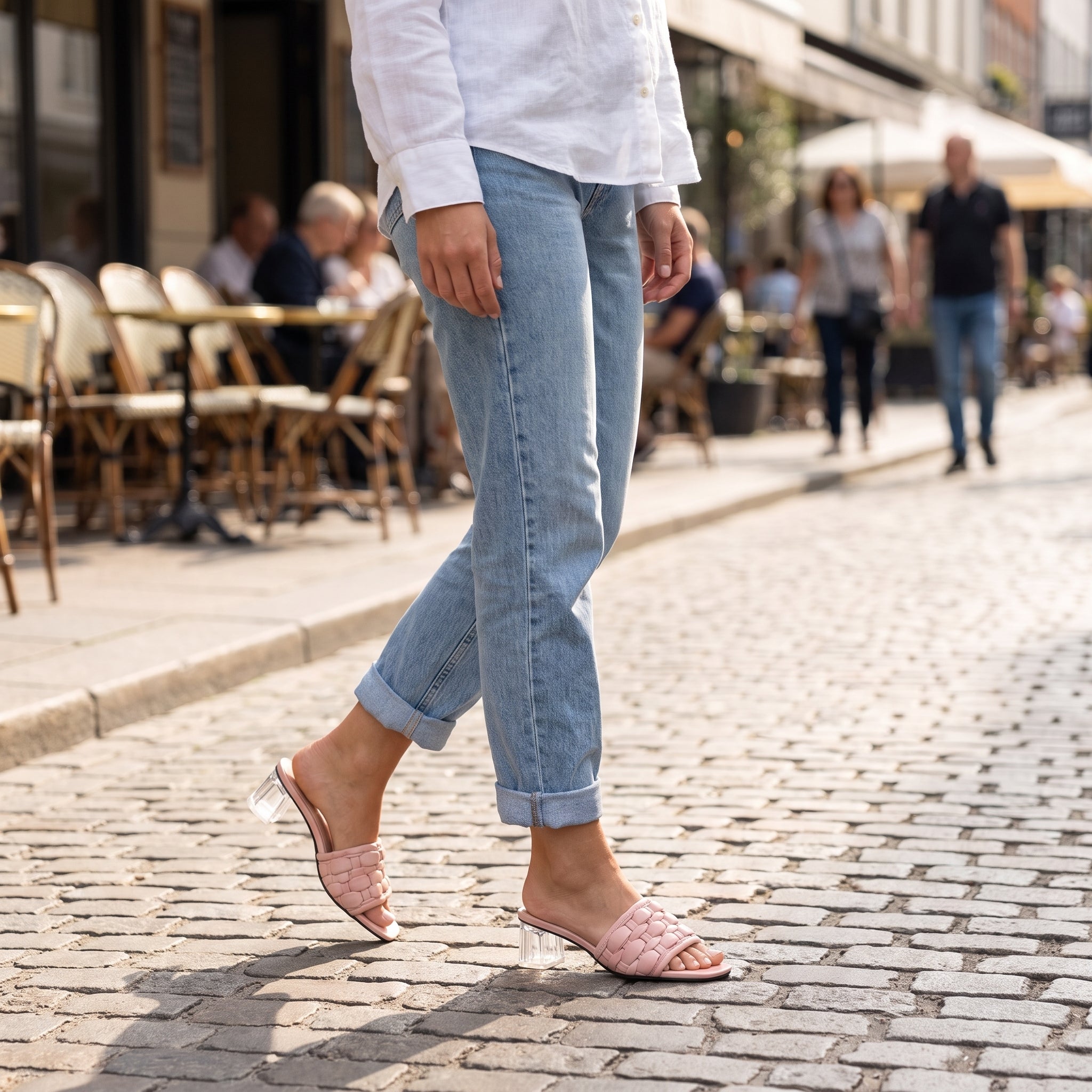 Lady Godiva Women's Blush Pink Woven Slide Sandal — Clear Lucite Block Heel