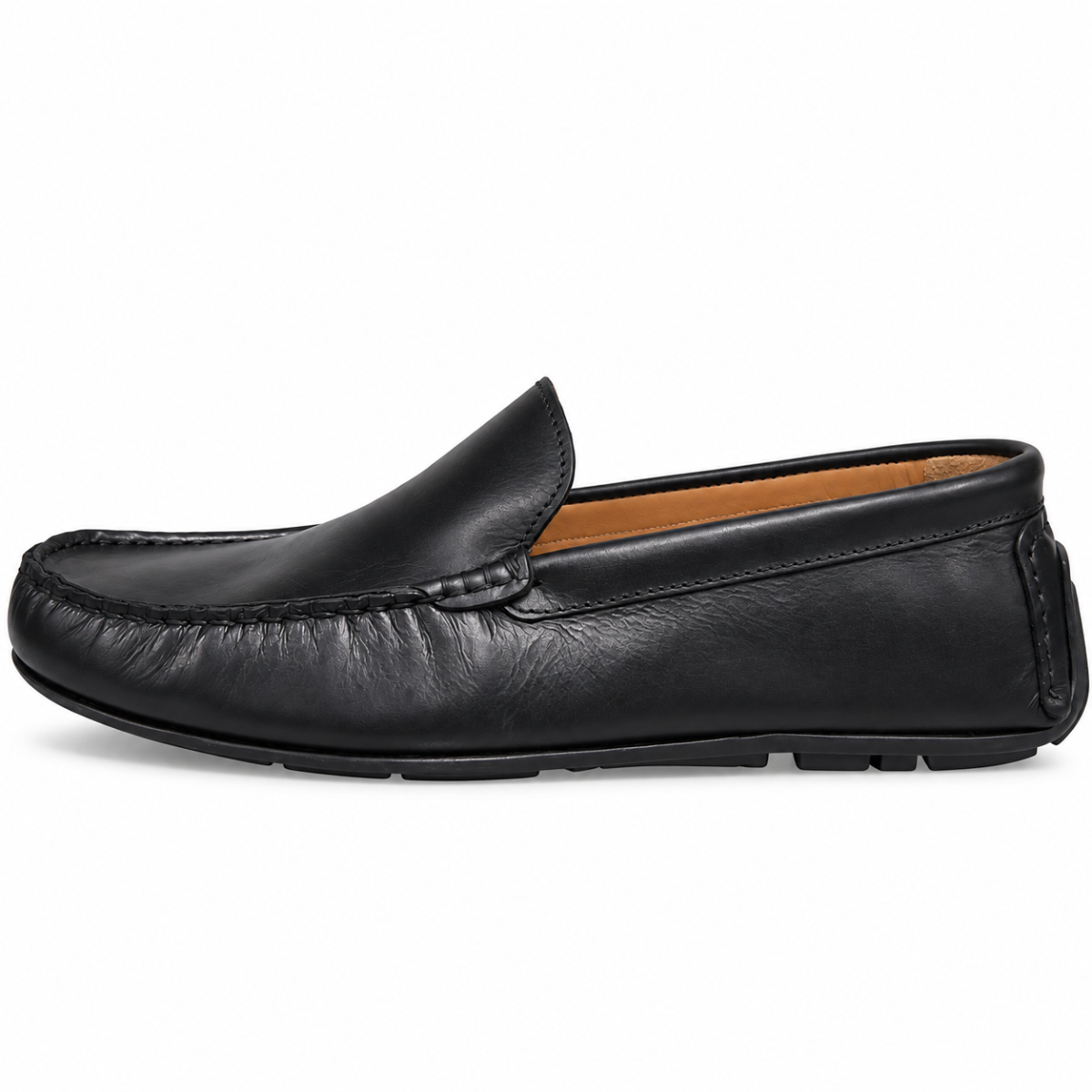 A single black leather driving loafer shown in a side profile view against a plain white background.