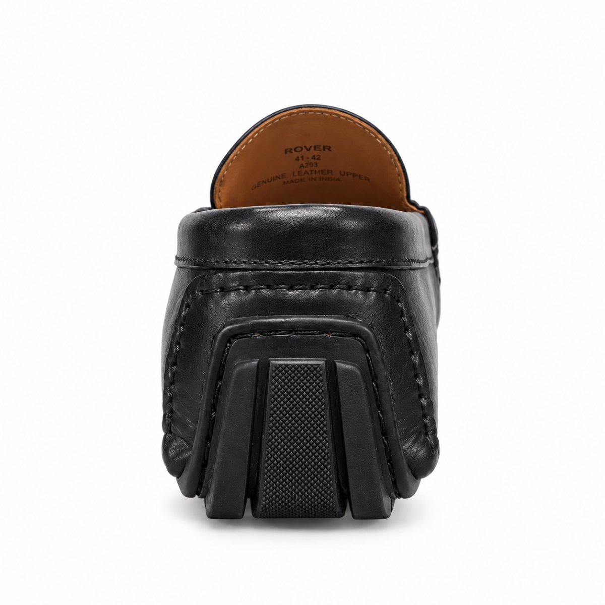 A black leather clog shoe shown from the back, featuring a chunky black sole and a tan interior lining with 'ROVER' printed on it, set against a plain white background.