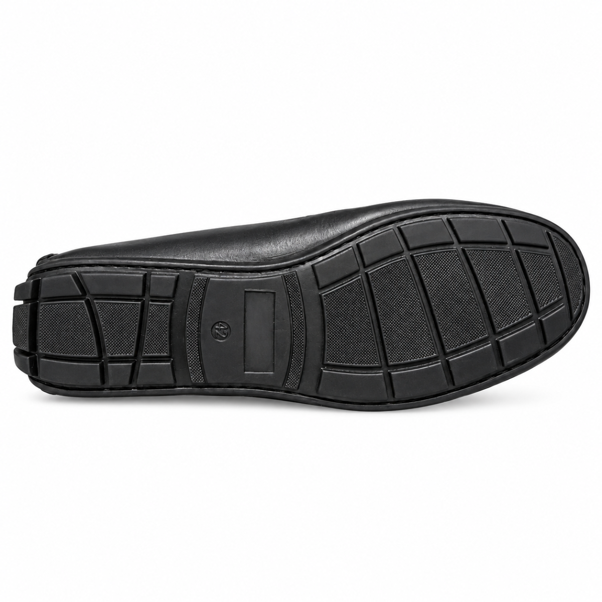Close-up of a sandal's sole with wavy tread pattern on a white background