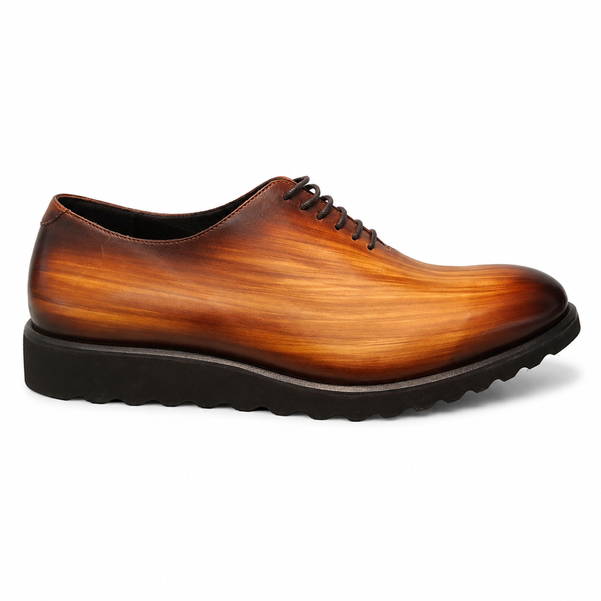 A single men's oxford-style shoe in glossy brown leather with a natural wood-grain finish, black laces, and a thick black sole, shown from a side profile on a white background.
