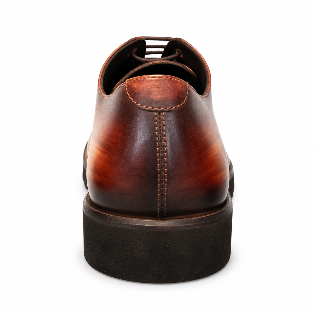 A single brown leather lace-up shoe shown from the back, featuring a rich gradient brown finish on the upper and a thick black sole, set against a plain white background.