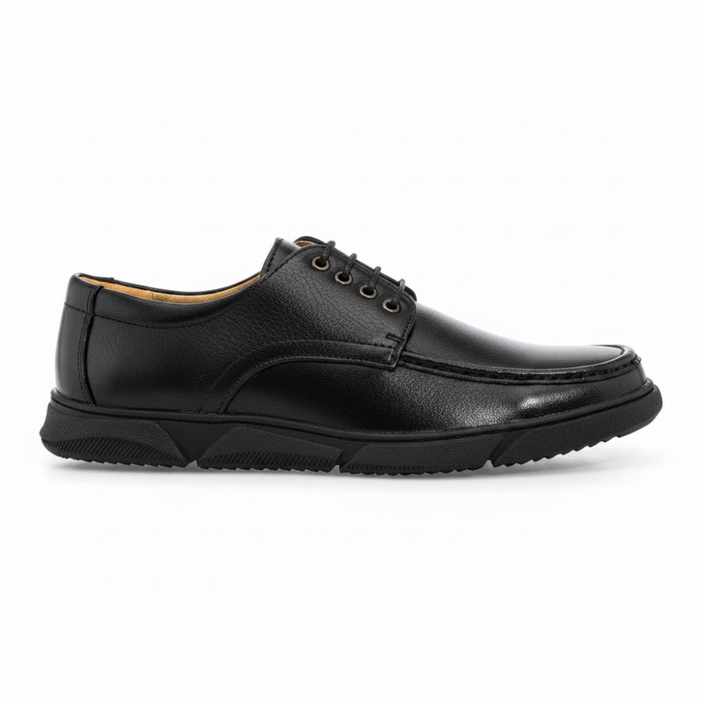 A black leather lace-up shoe with a textured sole, shown from a side profile view against a plain white background.