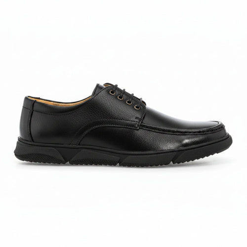 A black leather lace-up shoe with a textured sole, shown from a side profile view against a plain white background.