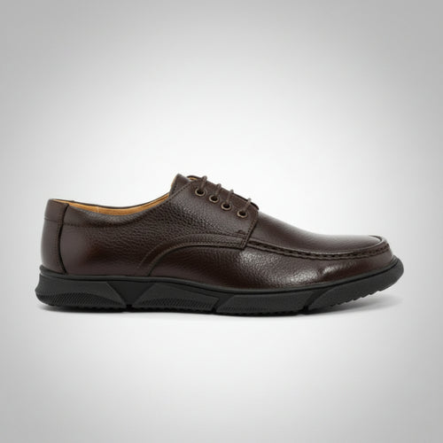 A dark brown textured leather lace-up shoe with a black sole, shown from a three-quarters angle on a white background.