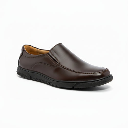A dark brown slip-on leather shoe with a textured finish, black sole, and tan interior lining, shown from a three-quarters angle on a white background.