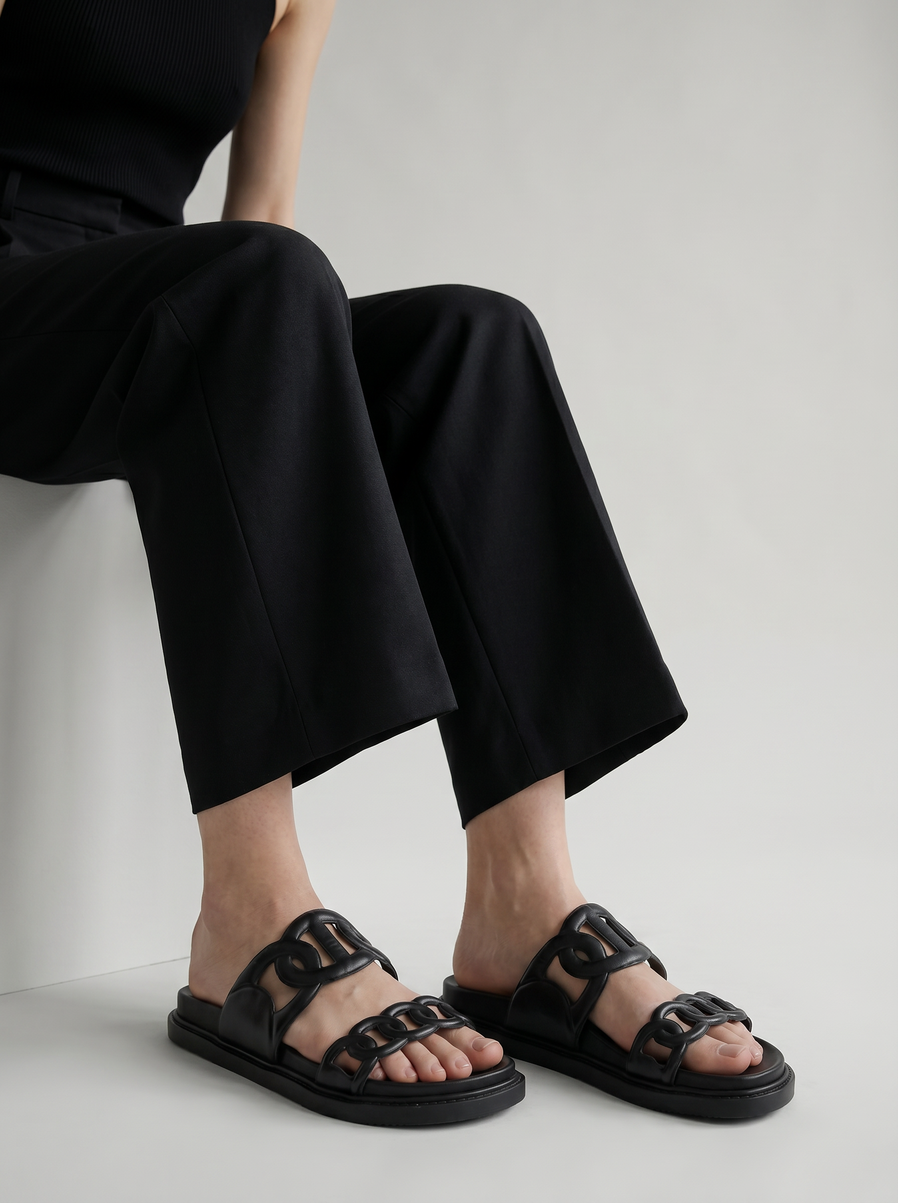 Rasolli Women's Luxury Chain Slide Sandals — Black & Ivory | Sizes 6–10