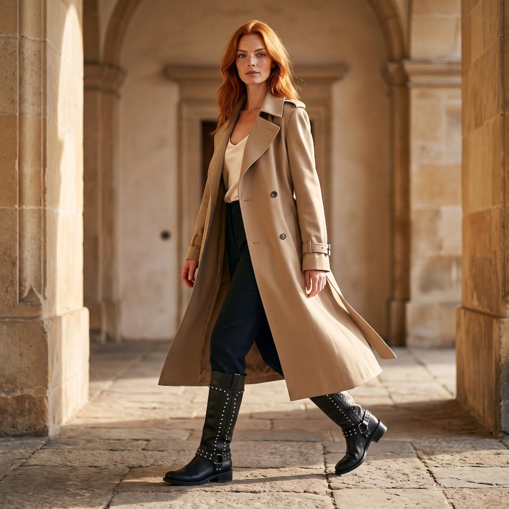 A woman walks through a stone archway wearing a long tan trench coat over a cream top and black pants, with black studded knee-high boots.
