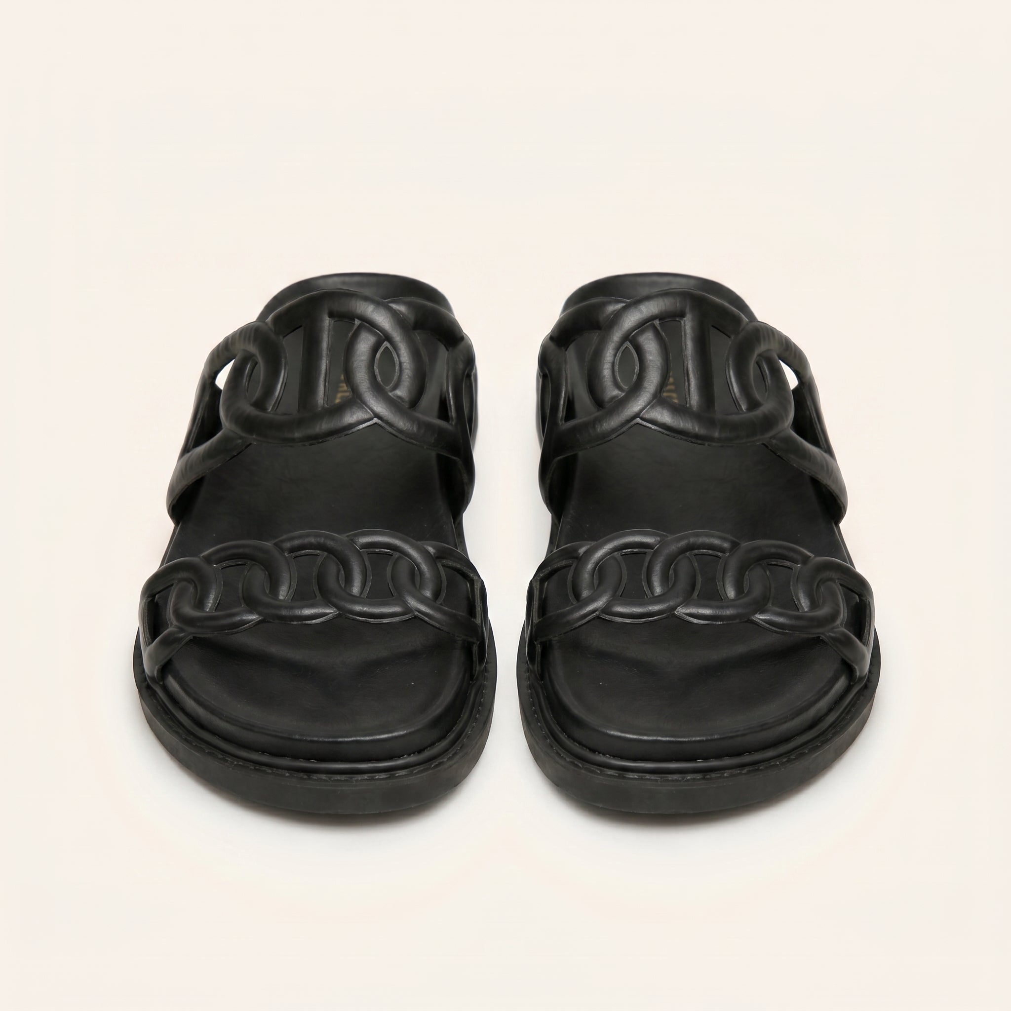 Rasolli Women's Luxury Chain Slide Sandals — Black & Ivory | Sizes 6–10
