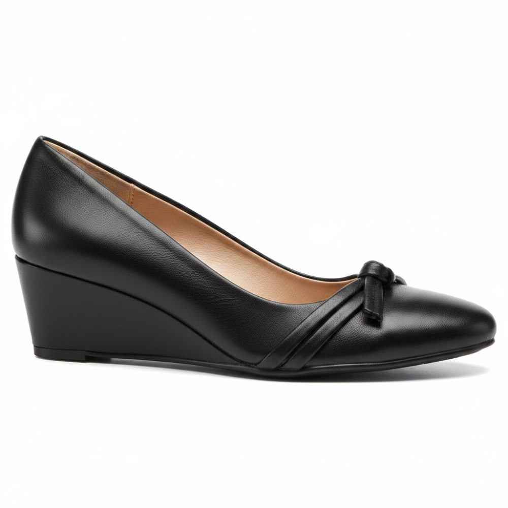 Rasolli Women's Black Knotted Wedge Pump — Faux-Leather Low Wedge Dress Shoe