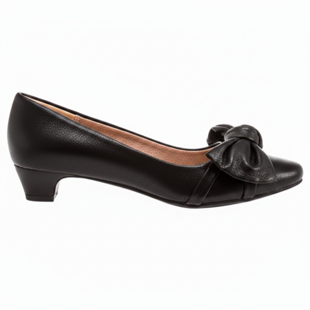 Black shoe with a bow on a white background