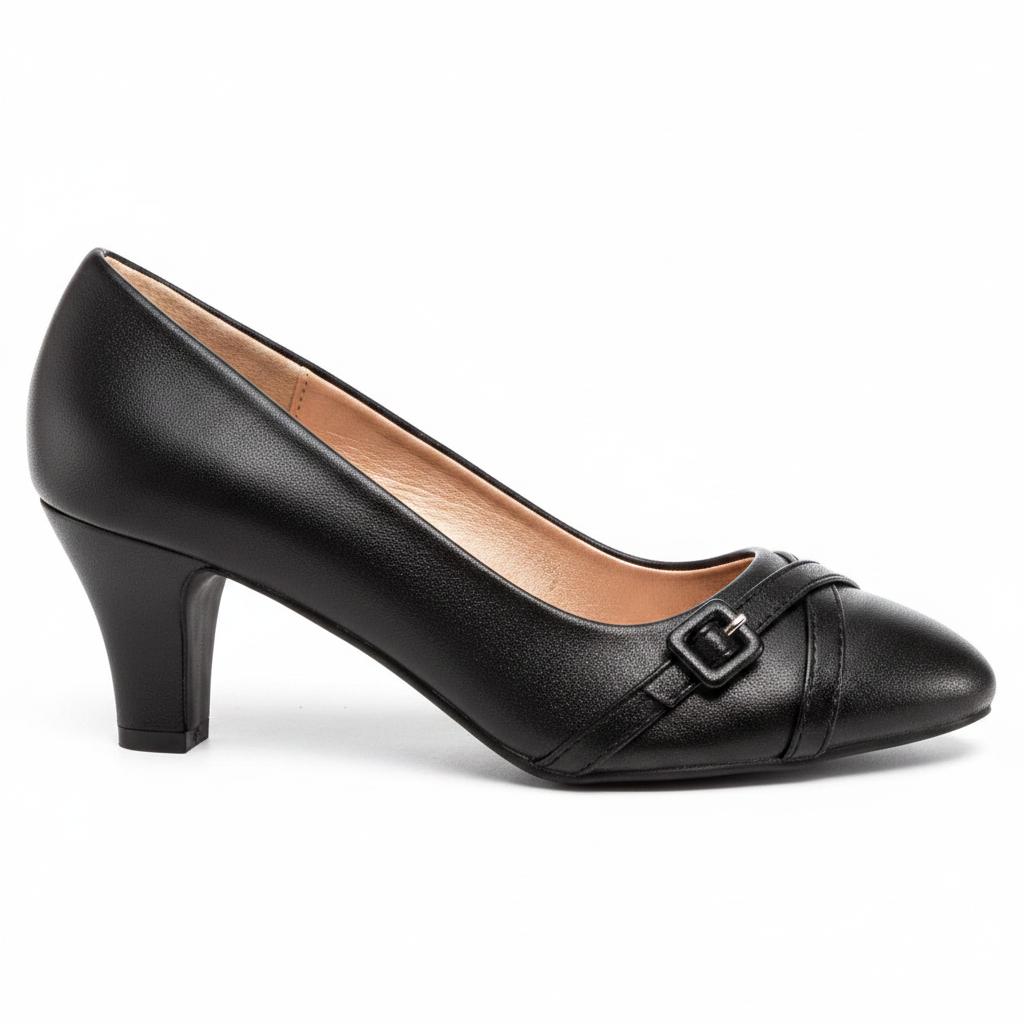 Rasolli Women's Black Buckle-Detail Mid-Heel Pump — Faux-Leather Pointed-Toe