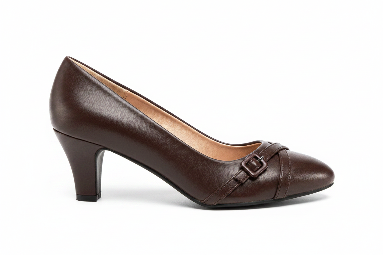 Rasolli Women's Black Buckle-Detail Mid-Heel Pump — Faux-Leather Pointed-Toe