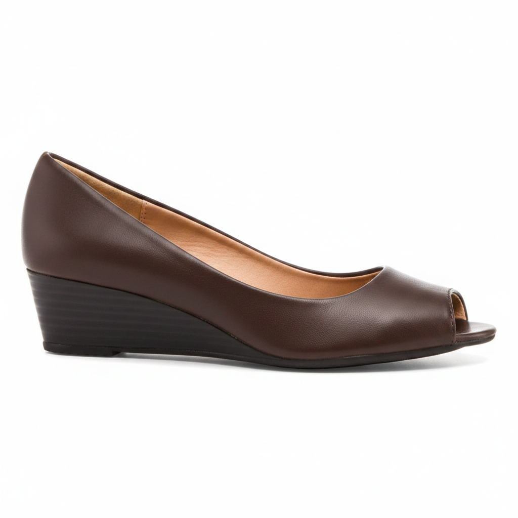 Rasolli Women's Chocolate Brown Peep-Toe Wedge — Faux-Leather Low Wedge Pump