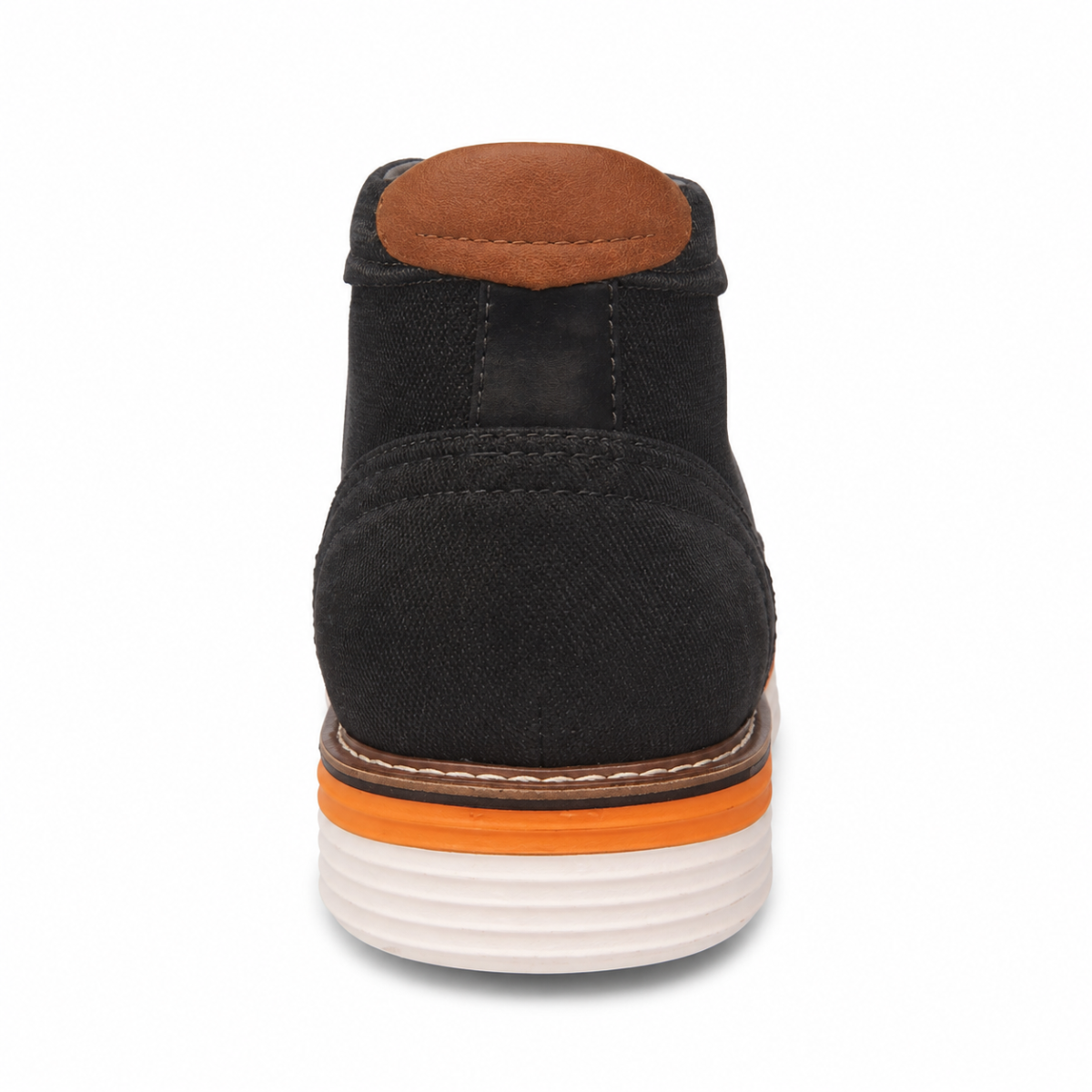 A single black ankle boot shown from the back, featuring a brown suede heel tab, a white sole with a bright orange stripe, and a thin brown welt.