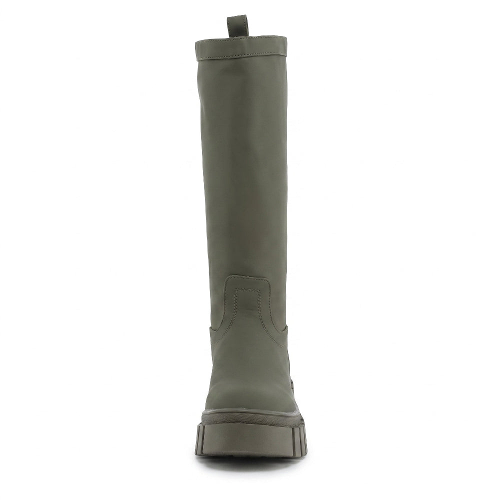 A single knee-high boot in a muted olive green color, shown from a front-facing perspective against a solid white background.
