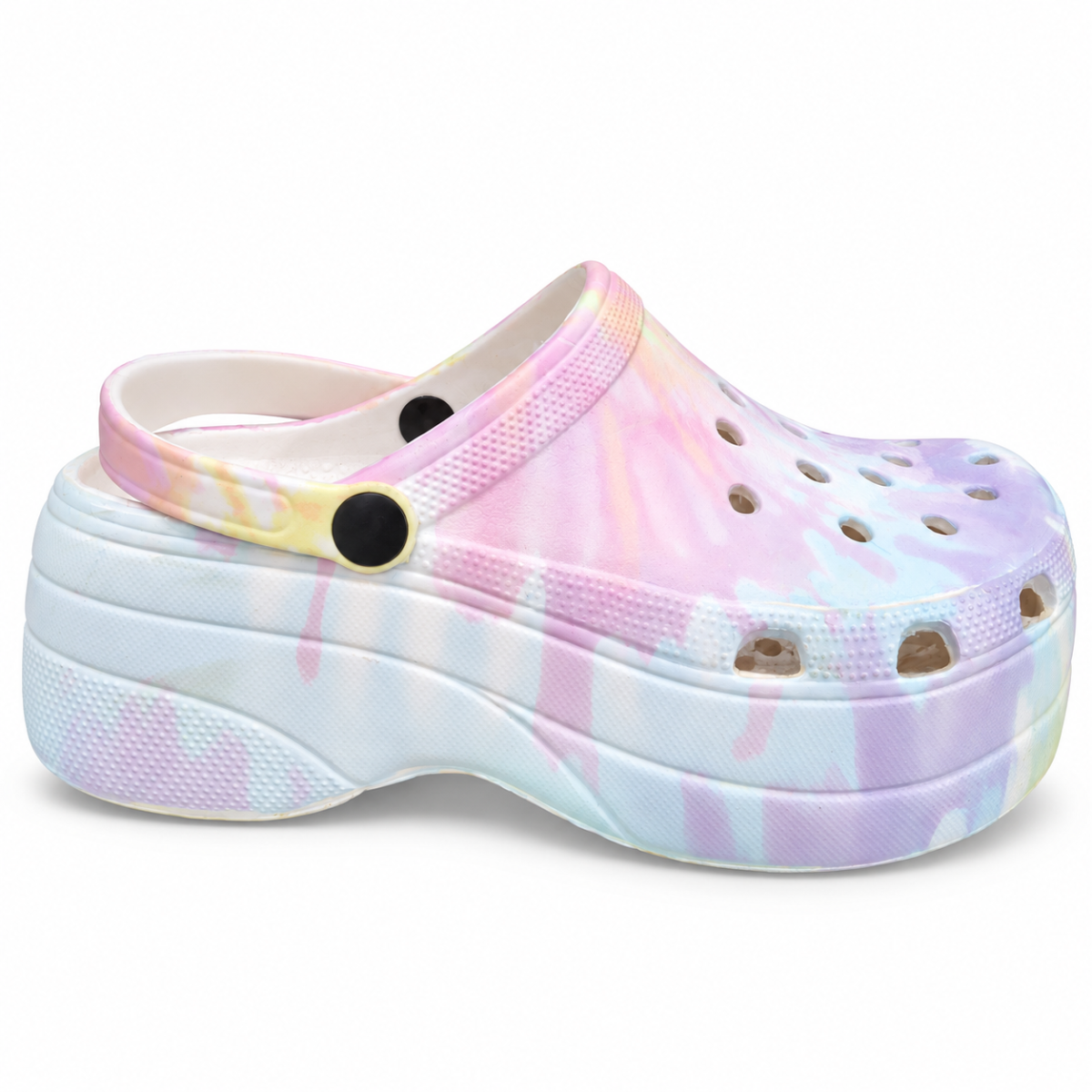 A single platform clog shoe with a pastel tie-dye pattern in pink, purple, and blue, featuring a thick white sole and ventilation holes.