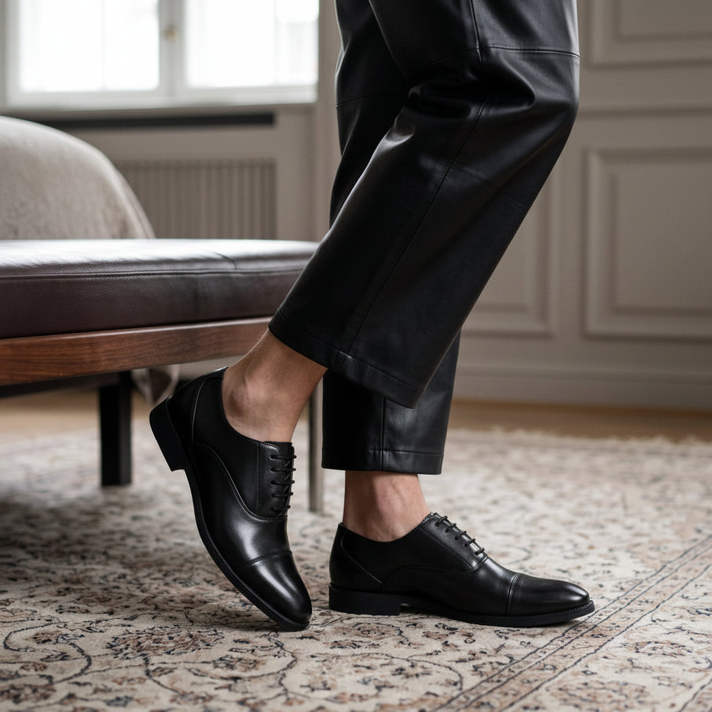A person wearing dark brown leather oxford dress shoes with black pants, standing on a patterned rug in a room with a bench and paneled wall.