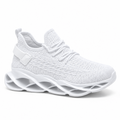 A white  knit athletic sneaker with a thick, sculpted black sole, shown from a side profile on a white background.