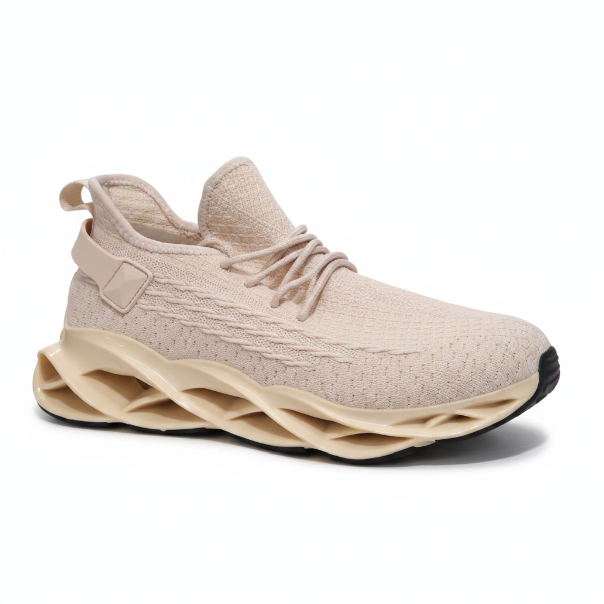 A single beige knit athletic sneaker with a thick, sculpted wavy sole, shown against a plain white background.
