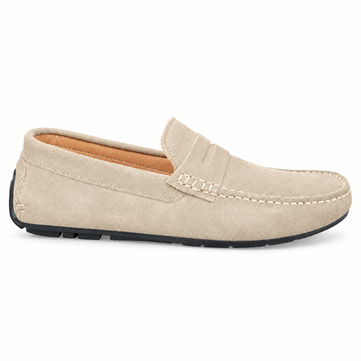 A singlebeige suede penny loafer driving shoe shown in profile against a plain white background.