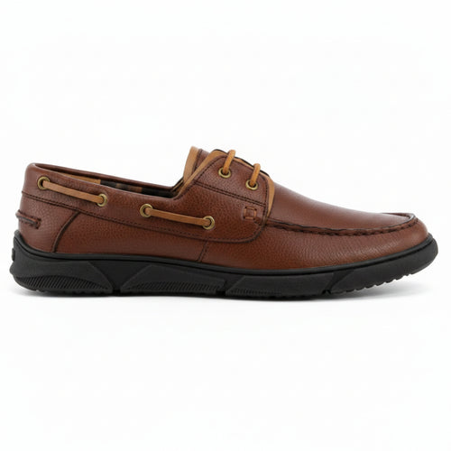 A brown leather boat shoe with tan laces and a black sole, shown from a three-quarters angle on a white background.