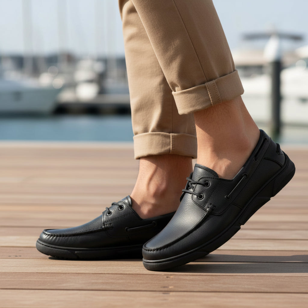 A black leather boat shoe with tan laces and brass-tone eyelets, shown in a side profile on a white background.