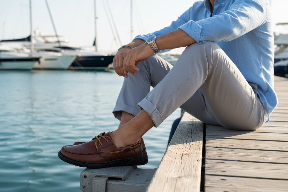 A brown leather boat shoe with tan laces and brass-tone eyelets, shown in a side profile on a white background.
