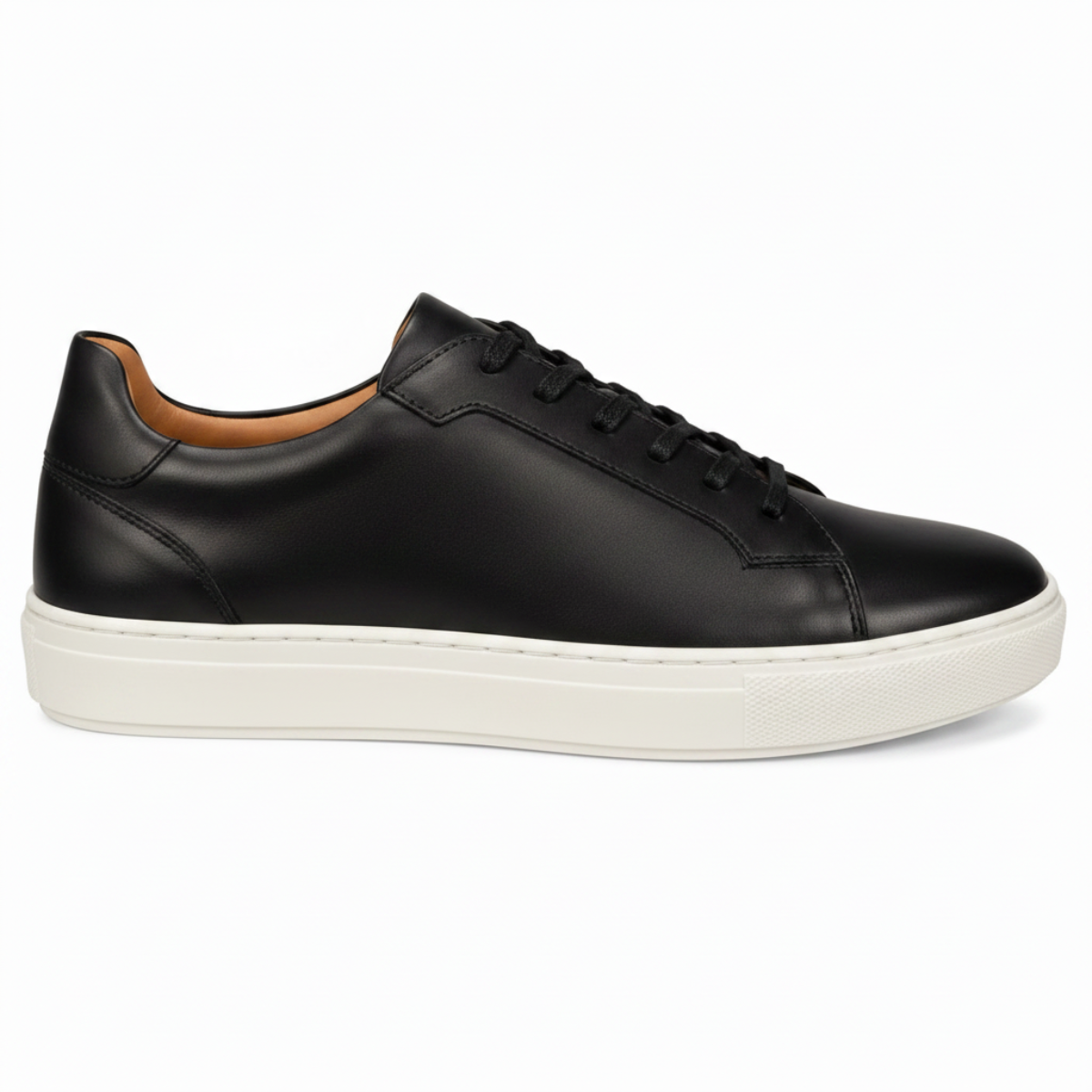 A classic low-top leather sneaker in a Black color , featuring dark brown laces and a thick, chunky off-white rubber sole, shown from a side profile on a white background.